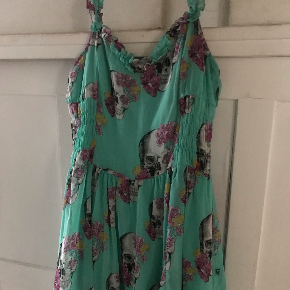 Blue, skull and floral print sun dress